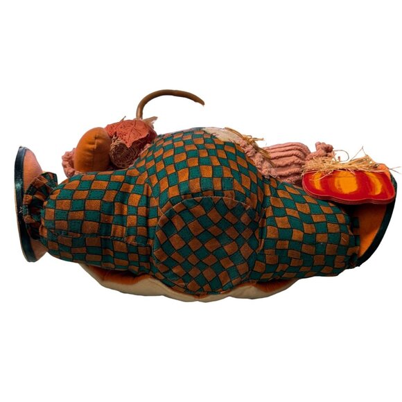 VTG Stuffed Thanksgiving Turkey Sitter in Overalls Holding Pumpkin Basket Crow - Picture 6 of 16